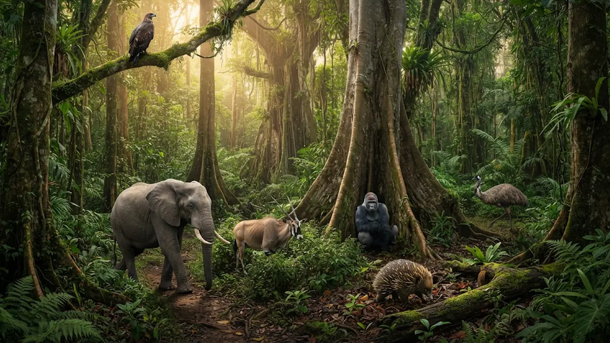Popular Animals That Start With the Letter E in a misty rainforest: an eagle perched on a mossy branch, an elephant, an eland, an emu and an echidna on the forest floor, with a gorilla resting at the base of a large tree.