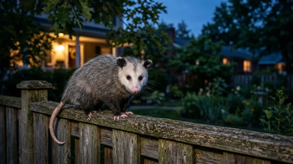 A Virginia opossum with gray fur and a white face walks along a weathered wooden fence at dusk, with a warmly lit house and garden in the background.