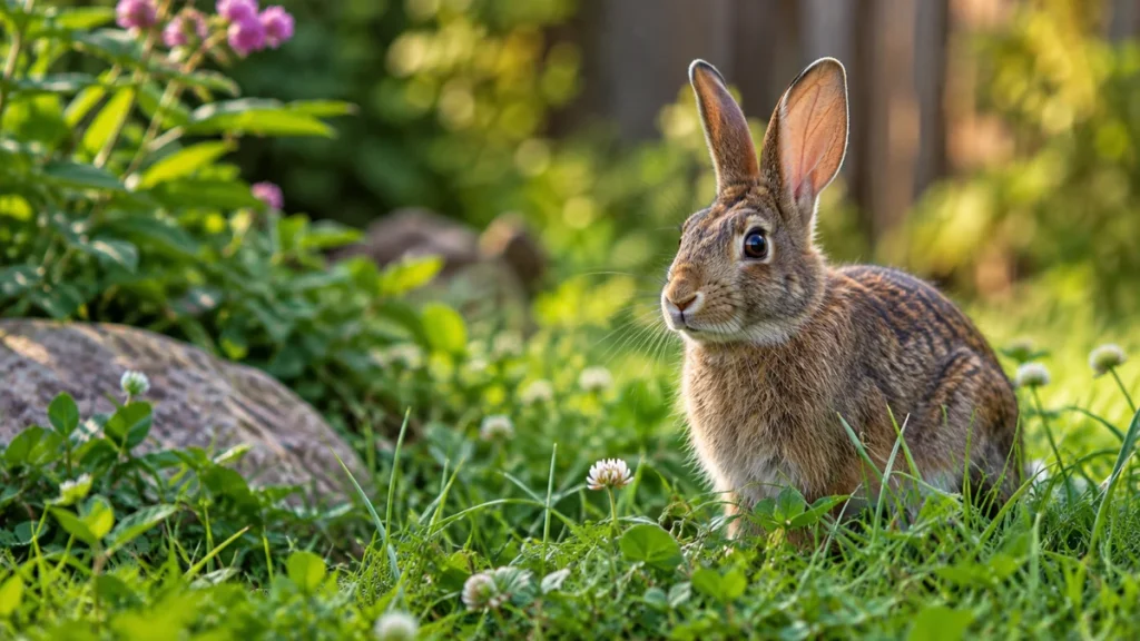 Wild rabbit sitting in a sunny garden among clover and green plants