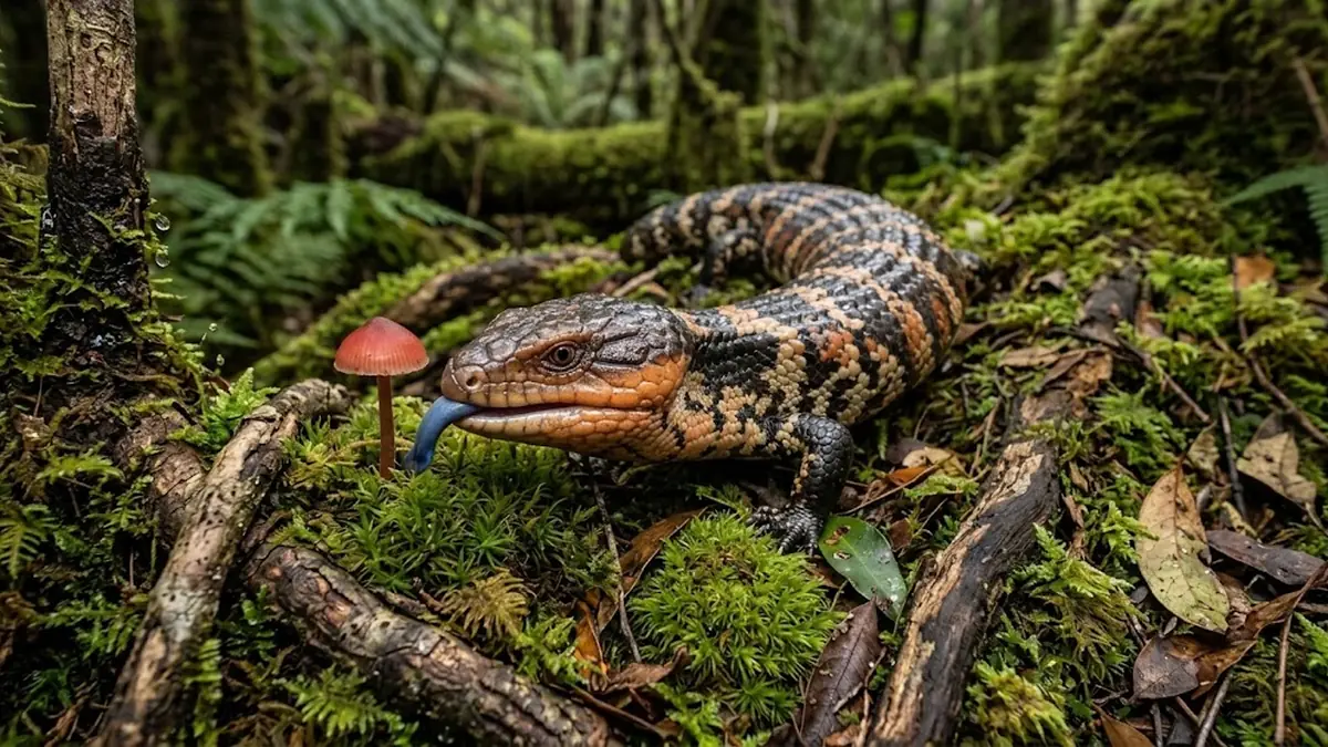 Orange and black blue-tongued skink with its blue tongue out on a mossy forest floor, next to a small red mushroom.