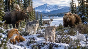 Taiga animals including a moose, gray wolf, brown bear, lynx, red fox, caribou, and snowshoe hare in a winter forest.