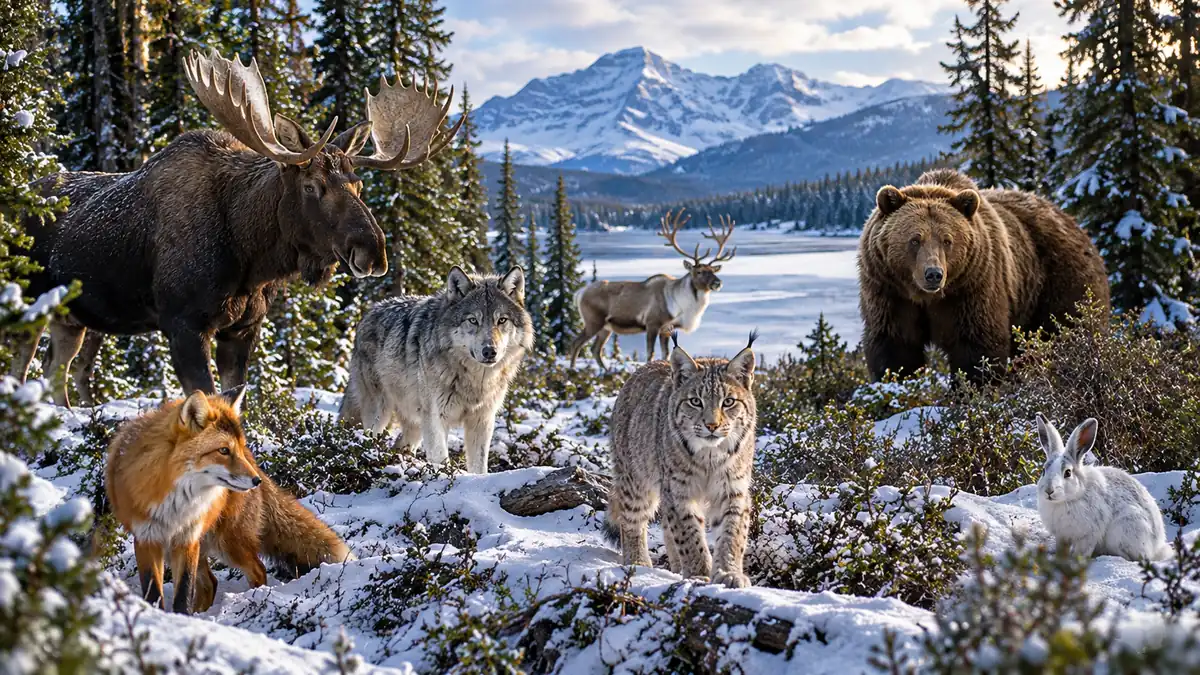 Taiga animals including a moose, gray wolf, brown bear, lynx, red fox, caribou, and snowshoe hare in a winter forest.