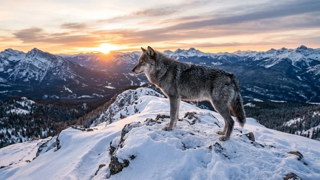 Gray wolf standing on a snowy mountain ridge at sunset