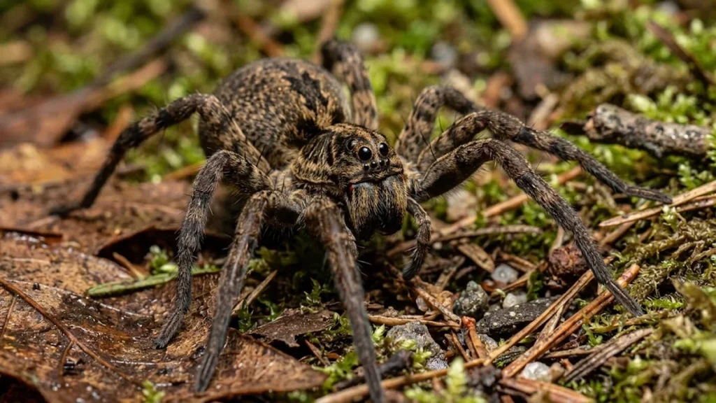 Wolf spider on a forest floor covered with leaves, moss and pine needles.