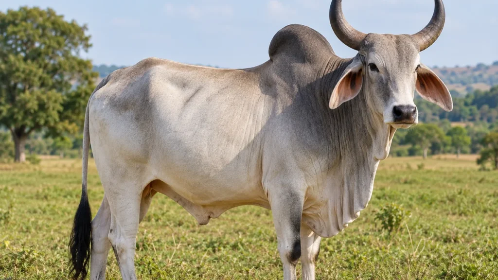 Gray zebu with a shoulder hump and curved horns standing in a green pasture