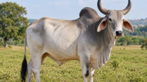 Gray zebu with a shoulder hump and curved horns standing in a green pasture